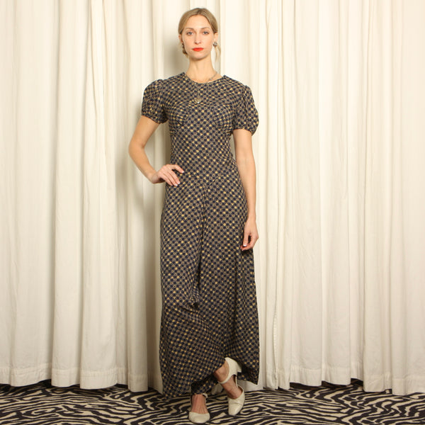 Vintage 40's Hat + Pottery Print Draped Beach Pajama Jumpsuit