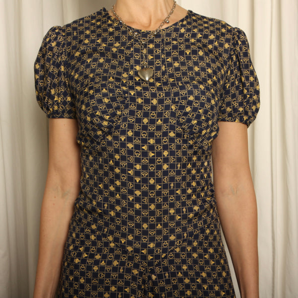 Vintage 40's Hat + Pottery Print Draped Beach Pajama Jumpsuit
