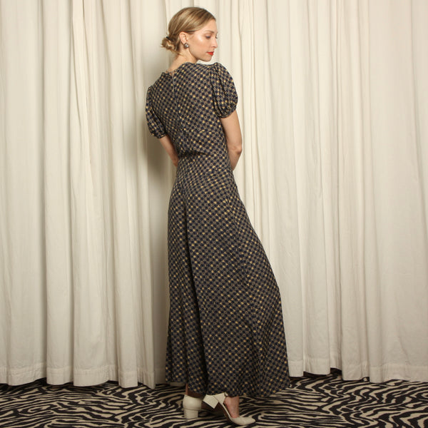 Vintage 40's Hat + Pottery Print Draped Beach Pajama Jumpsuit