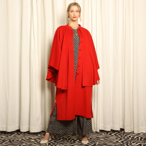 Vintage 80s Campari Red Wool Layered Cape Coat