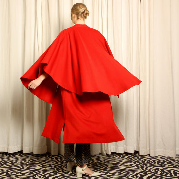 Vintage 80s Campari Red Wool Layered Cape Coat