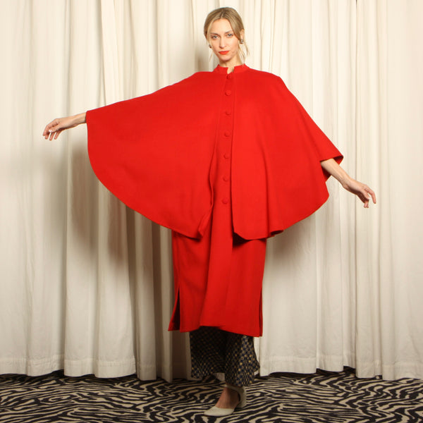 Vintage 80s Campari Red Wool Layered Cape Coat