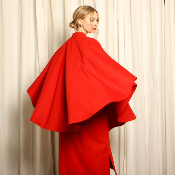 Vintage 80s Campari Red Wool Layered Cape Coat