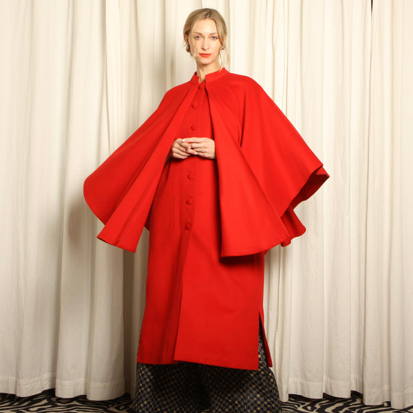 Vintage 80s Campari Red Wool Layered Cape Coat