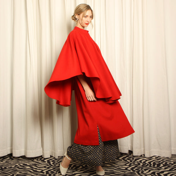 Vintage 80s Campari Red Wool Layered Cape Coat