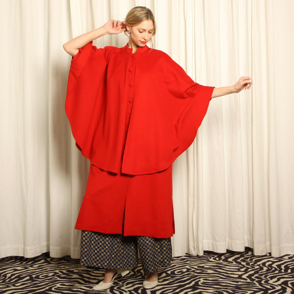 Vintage 80s Campari Red Wool Layered Cape Coat
