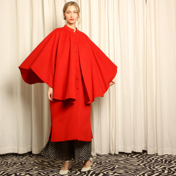 Vintage 80s Campari Red Wool Layered Cape Coat