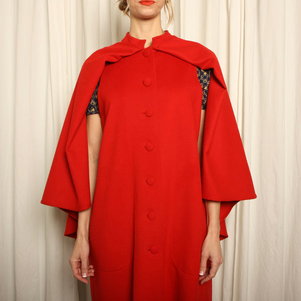 Vintage 80s Campari Red Wool Layered Cape Coat