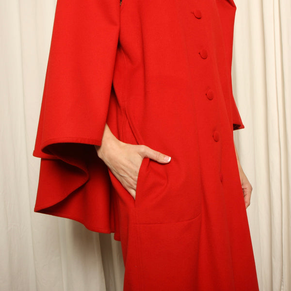 Vintage 80s Campari Red Wool Layered Cape Coat