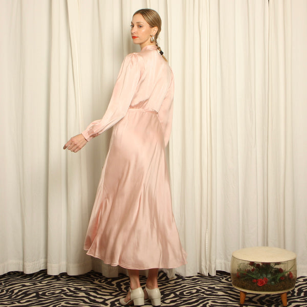 Vintage 40's Shell Pink Silk Charmeuse Applique Bias Dress