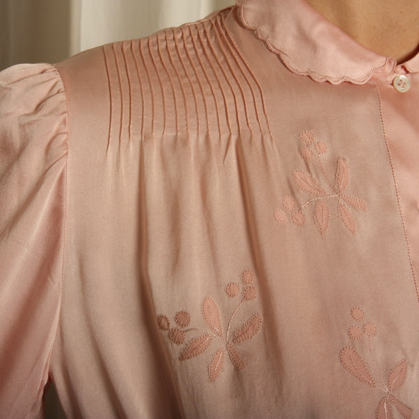 Vintage 40's Shell Pink Silk Charmeuse Applique Bias Dress