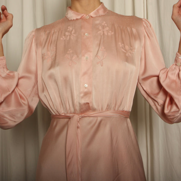 Vintage 40's Shell Pink Silk Charmeuse Applique Bias Dress