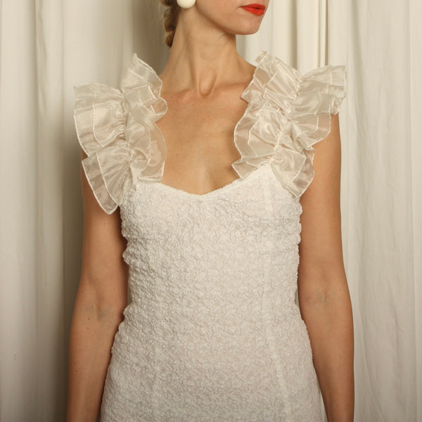 Vintage 80's Bodycon Stretch Lace Tiered Pouf Party Dress