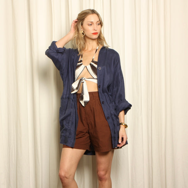 Vintage 80s Ellen Tracy Draped Navy Linen Anorak Jacket