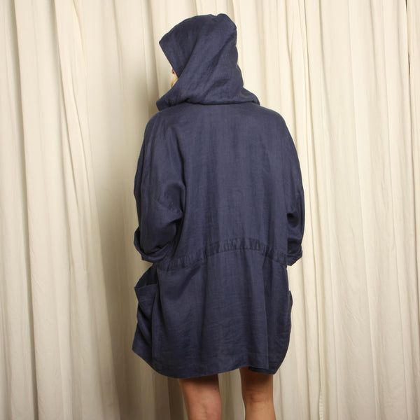 Vintage 80s Ellen Tracy Draped Navy Linen Anorak Jacket