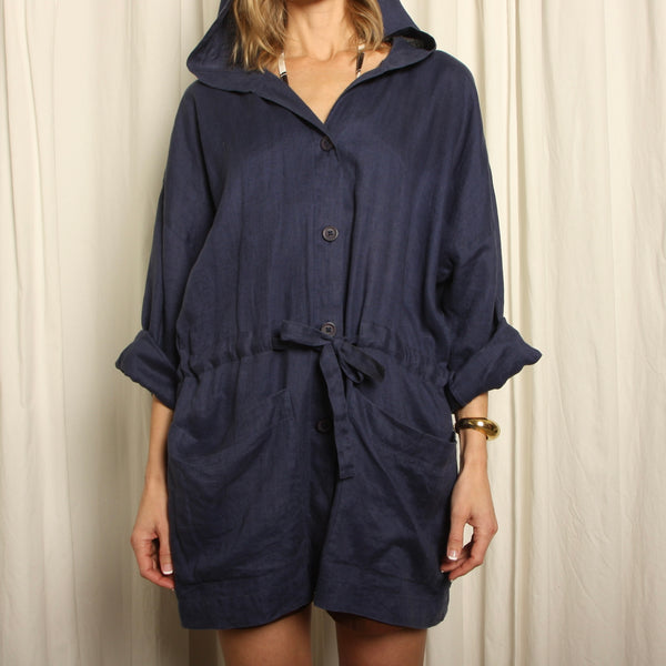 Vintage 80s Ellen Tracy Draped Navy Linen Anorak Jacket
