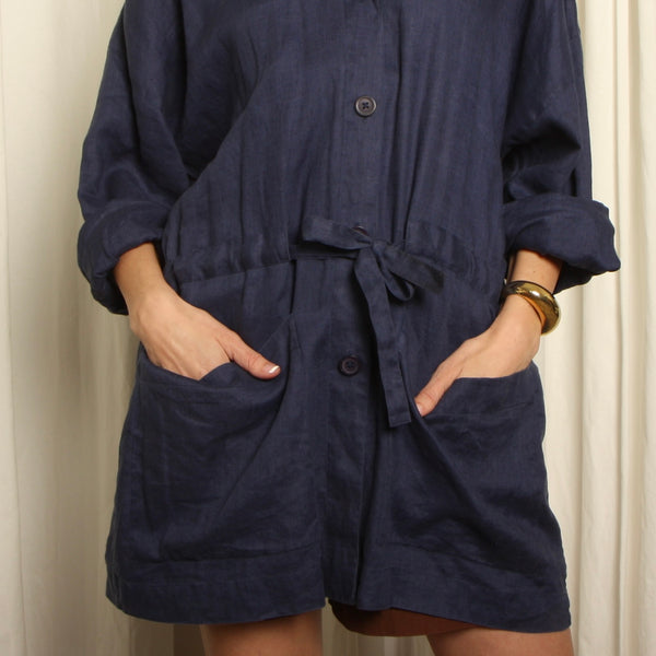 Vintage 80s Ellen Tracy Draped Navy Linen Anorak Jacket