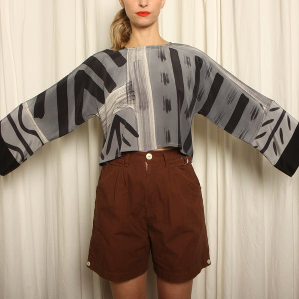 Vintage Hand Painted Silk Draped Crop Blouse Top