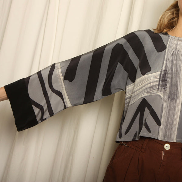 Vintage Hand Painted Silk Draped Crop Blouse Top