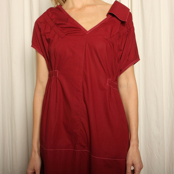 Marni Bordeaux Cotton Poplin Asymmetric Day Dress