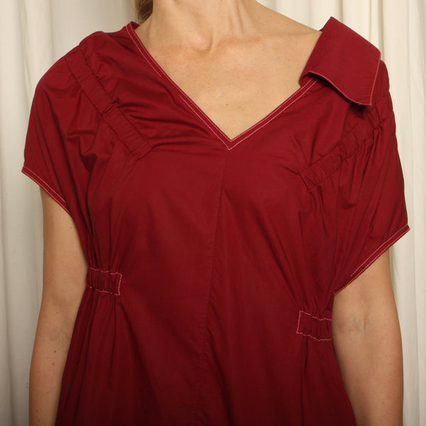 Marni Bordeaux Cotton Poplin Asymmetric Day Dress