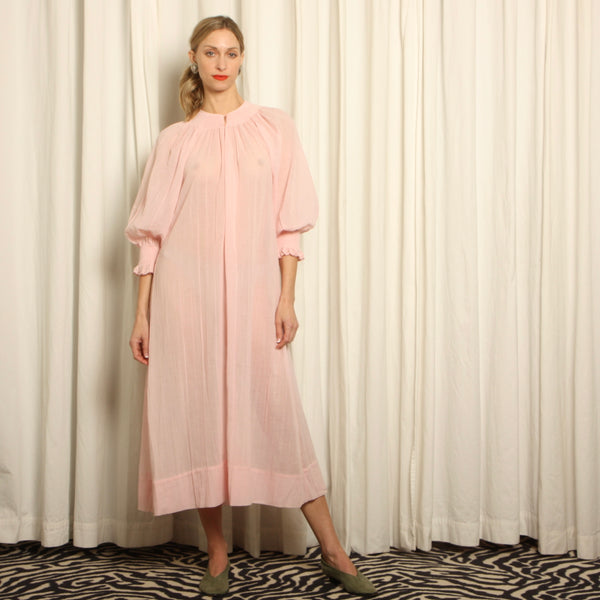 Vintage 70s Blush Voile Gauze Blouson Sleeve Smock Dress