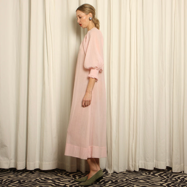 Vintage 70s Blush Voile Gauze Blouson Sleeve Smock Dress