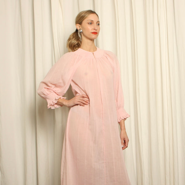 Vintage 70s Blush Voile Gauze Blouson Sleeve Smock Dress