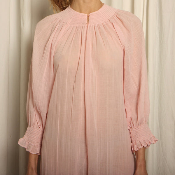 Vintage 70s Blush Voile Gauze Blouson Sleeve Smock Dress