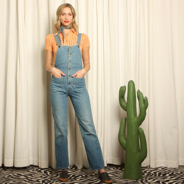 Vintage 70's Denim Button-Down Patched Jumpsuit Overalls