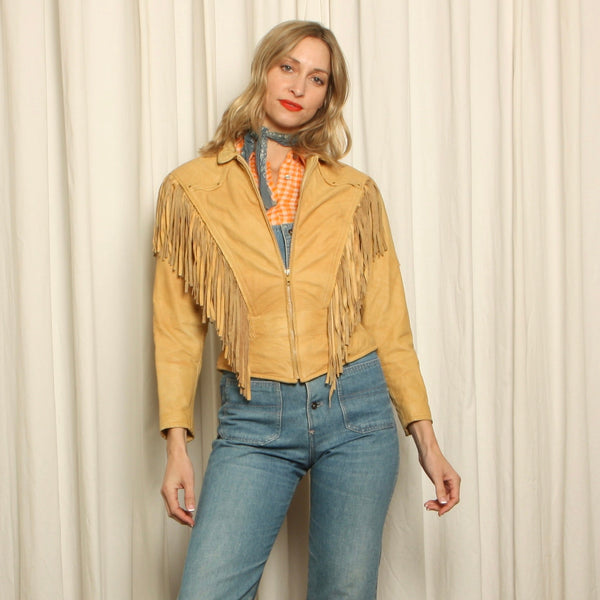 Vintage 90s Wilsons Blonde Leather Western Fringe Jacket