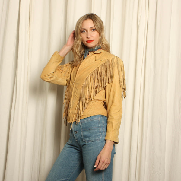 Vintage 90s Wilsons Blonde Leather Western Fringe Jacket