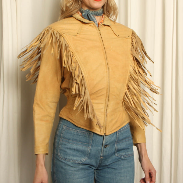 Vintage 90s Wilsons Blonde Leather Western Fringe Jacket