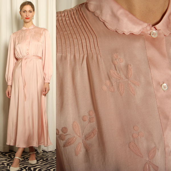 Vintage 40's Shell Pink Silk Charmeuse Applique Bias Dress