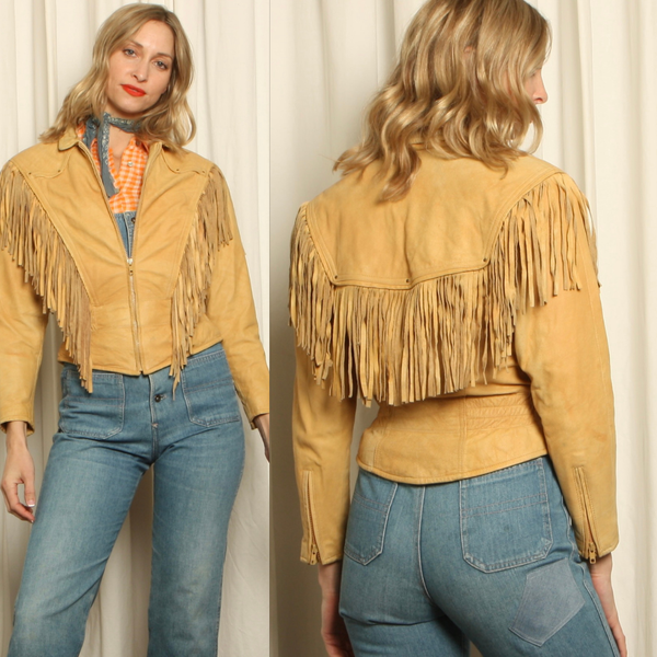 Vintage 90s Wilsons Blonde Leather Western Fringe Jacket