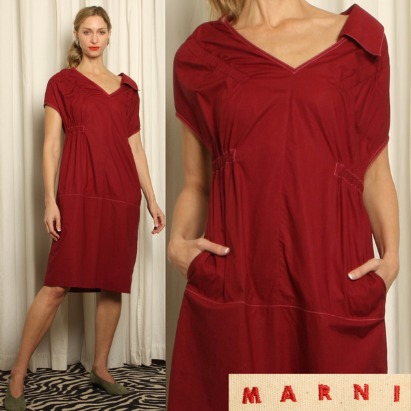 Marni Bordeaux Cotton Poplin Asymmetric Day Dress