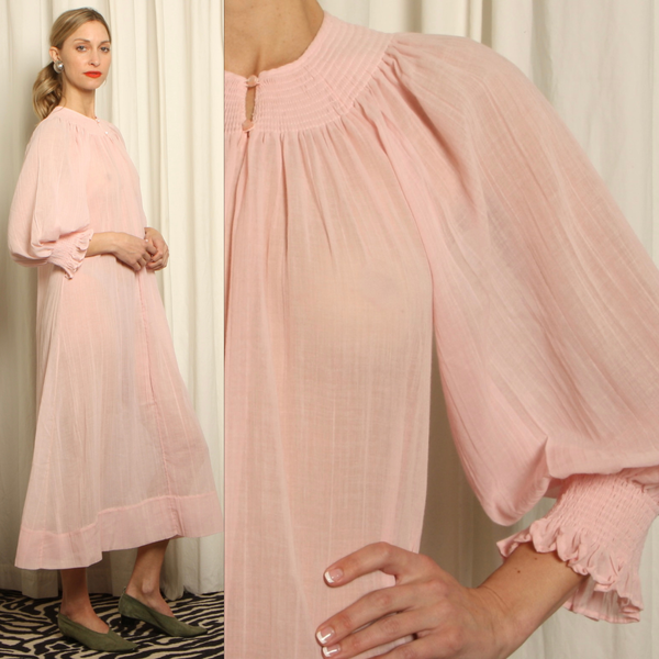 Vintage 70s Blush Voile Gauze Blouson Sleeve Smock Dress