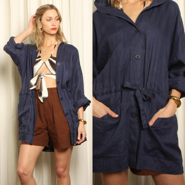 Vintage 80s Ellen Tracy Draped Navy Linen Anorak Jacket