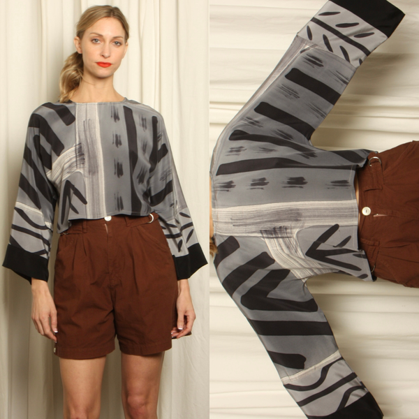 Vintage Hand Painted Silk Draped Crop Blouse Top