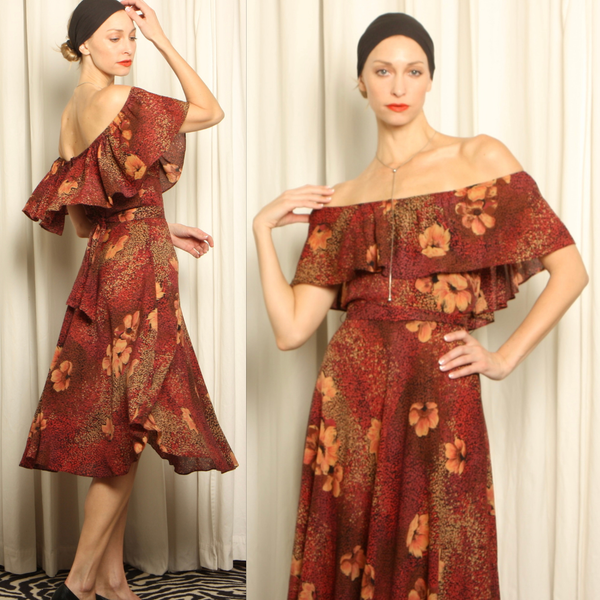 Vintage 70's Romantic Rayon Pointillist Floral Ruffle Dress