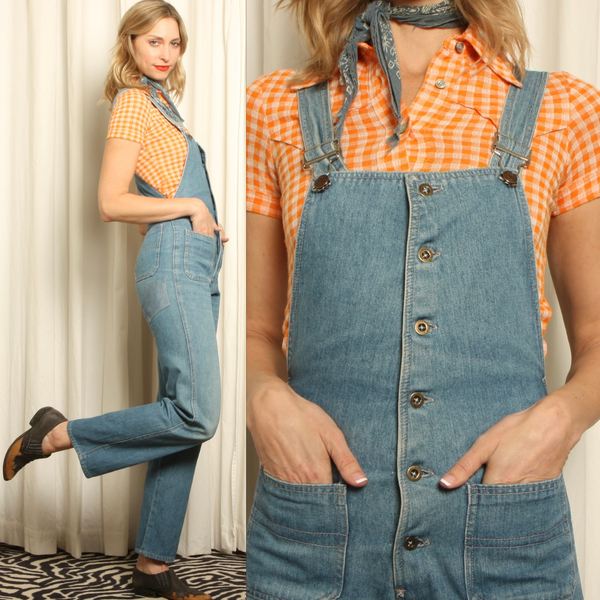 Vintage 70's Denim Button-Down Patched Jumpsuit Overalls