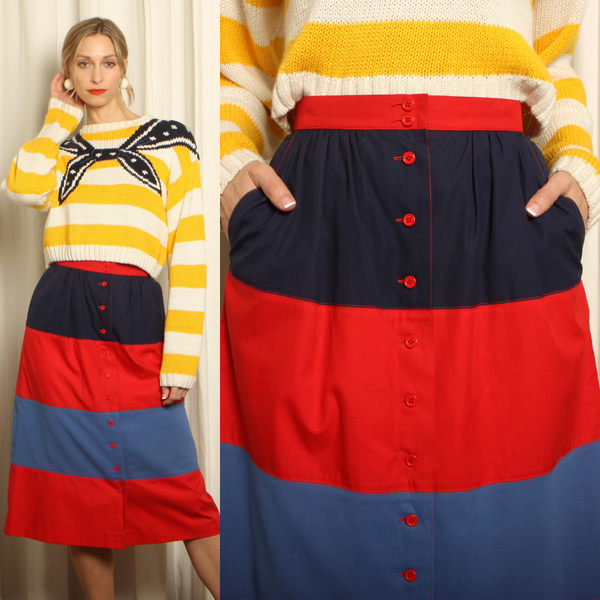 Vintage 80's Bogner Germany Color Block Cotton Midi Skirt