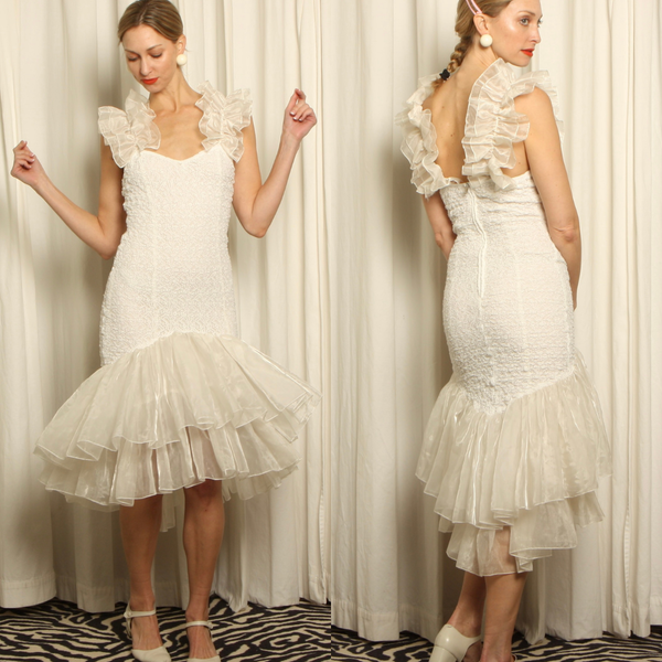 Vintage 80's Bodycon Stretch Lace Tiered Pouf Party Dress