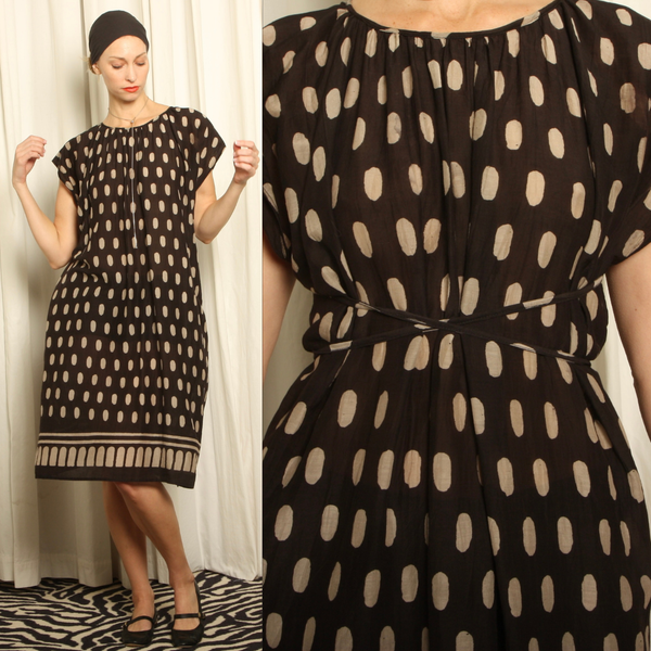 Vintage Hand Block Print Cotton Gauze Draped Smock Dress