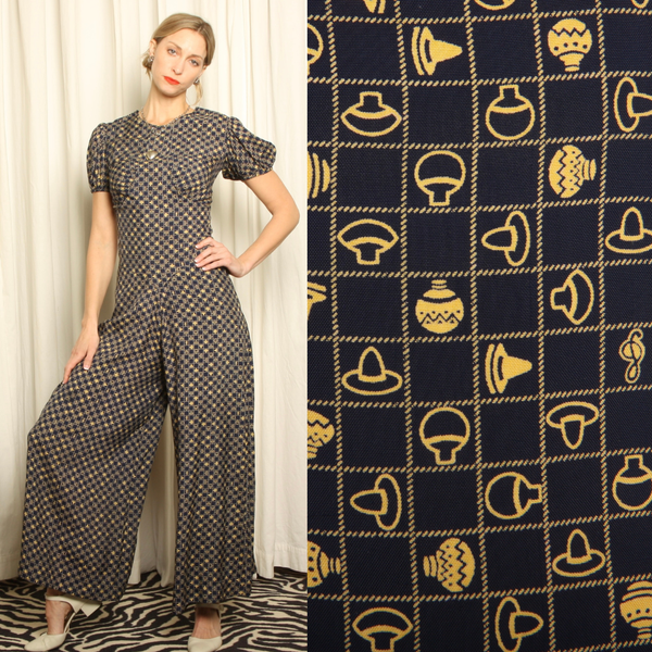 Vintage 40's Hat + Pottery Print Draped Beach Pajama Jumpsuit
