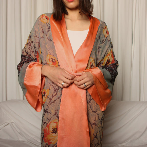 Vintage 20's Deco Roses Silk Chiffon Kimono Robe