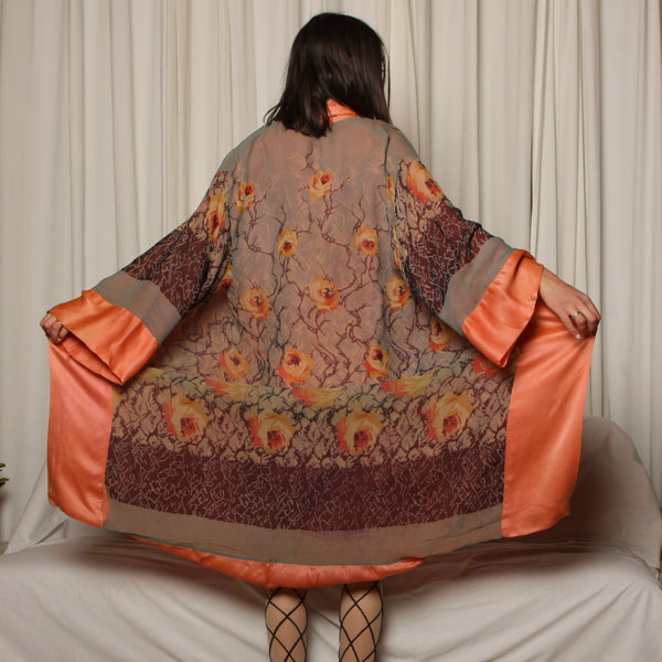 Vintage 20's Deco Roses Silk Chiffon Kimono Robe