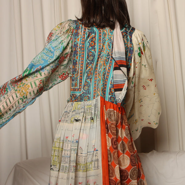 Patchwork Balloon Sleeve Dress - Vintage Silk Scarves