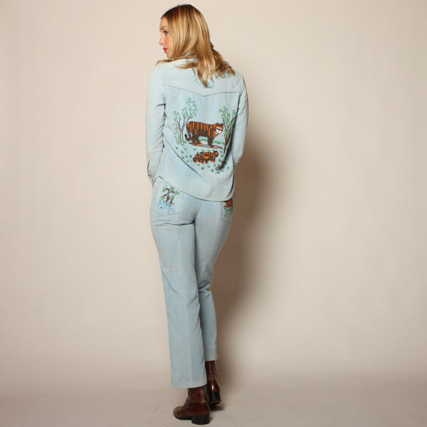 Vintage 70's Hand Beaded Tigers Corduroy Pants + Jacket Set