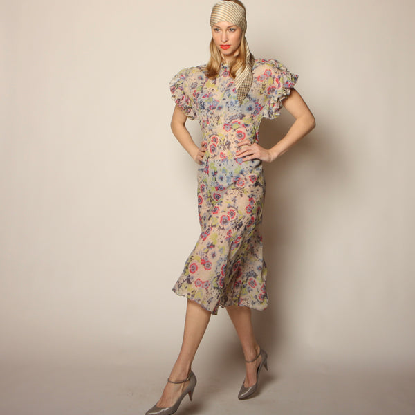 Vintage 30's Floral Silk Chiffon Origami Ruffle Midi Dress